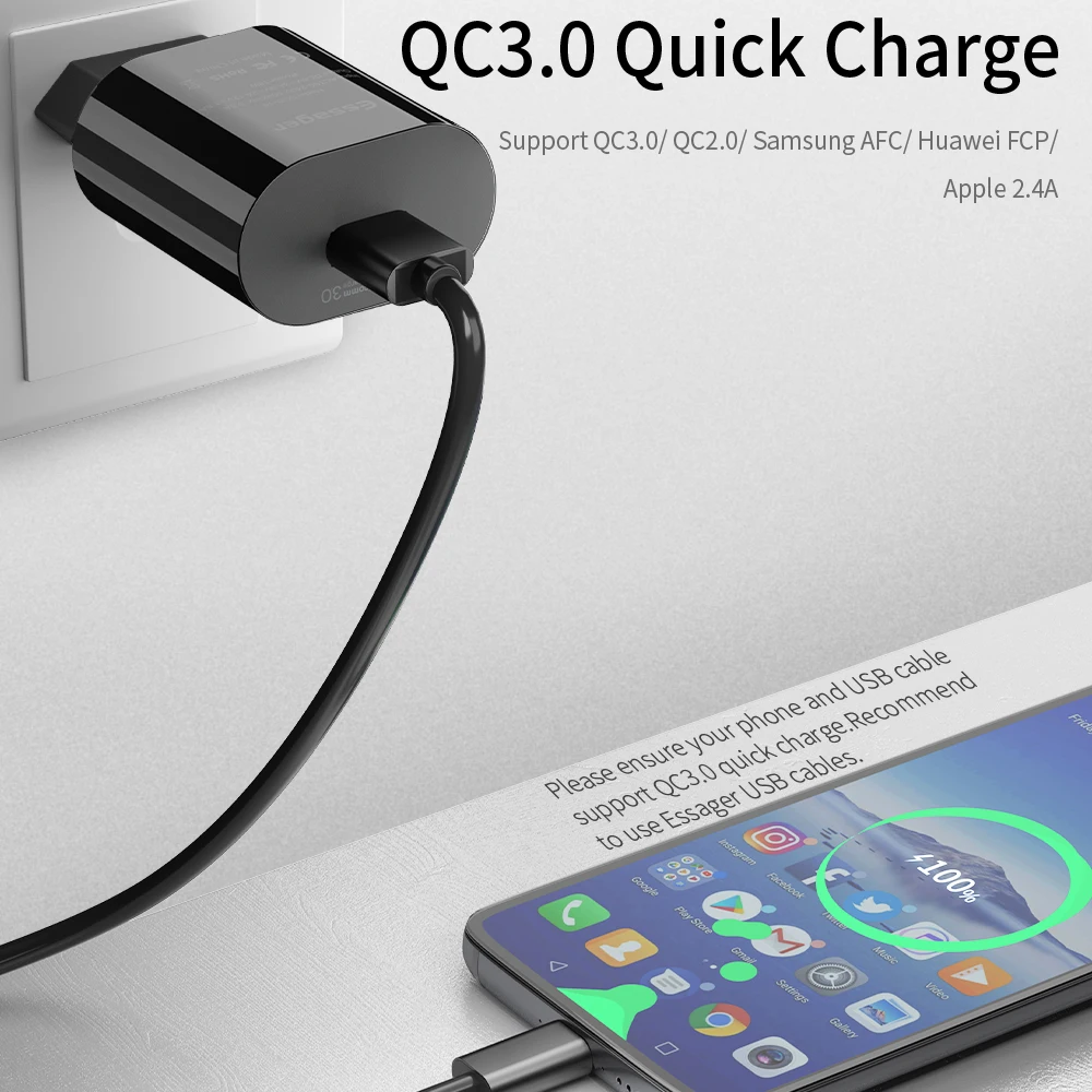 Essager سريعة تهمة 3.0 شاحن يو اس بي QC3.0 QC توربو سريع شحن الاتحاد الأوروبي السفر الحائط شاحن لهواوي P30 شياو mi mi 9 الهاتف المحمول