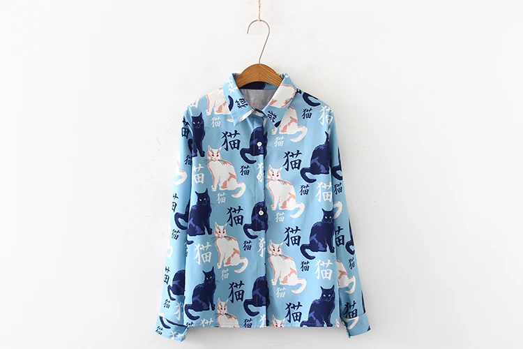 Новое поступление Для женщин с рисунком мультяшного кота и китайские слова сделаный принт с длинным рукавом синяя рубашка с отложным воротником, шифоновая блузка с воротником шикарный сексуальный топ T97508F