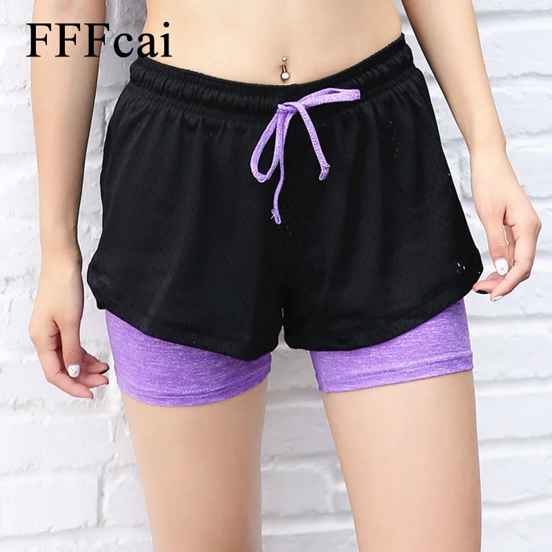 FFFcai, 2 в 1, унисекс, летние шорты для йоги, сетчатые, дышащие, женские, короткие брюки для девочек, для бега, спорта, фитнеса, одежда для бега