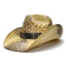 LUCKYLIANJI Лето Винтаж Ретро Для женщин Для мужчин с широкими полями соломы Пляж Ковбой Пастушка Западной шляпа выдалбливают Череп Кожаный ремешок 58 см