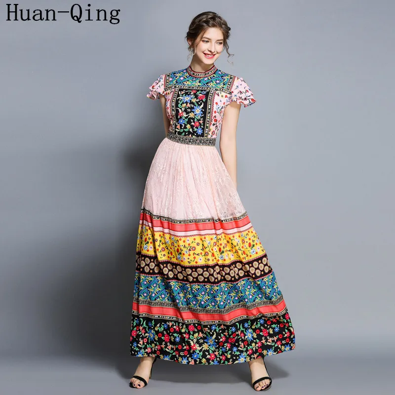 

Runway Women Summer Vintage Luxury Printed Tunic Maxi Dress Vestidos Mujer Sexy Lace Patchwork Short Sleeve Party Long Dresses