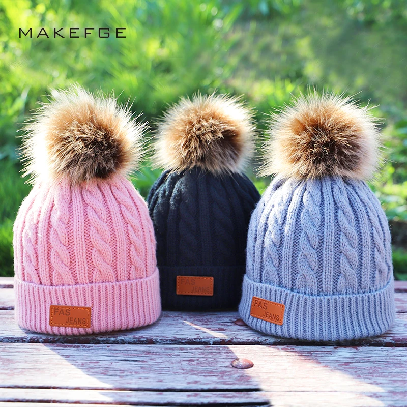 Детские вязаные хлопковые шапки на осень и зиму, теплая и удобная Лыжная шапка, однотонные модные Универсальные шапки с помпонами для