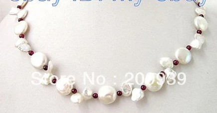 

huij 002948 12mm White Coin Keshi Keishi Petal Pearl Garnet Necklace