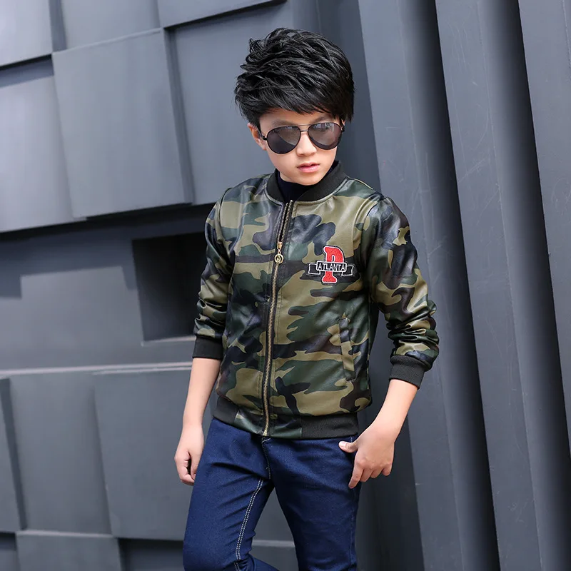 

Boy Winter Camouflage Leather Jacket Lined with Velvet Children's Thick Leather Jacket Waterproof Stains 3-8 Years Old