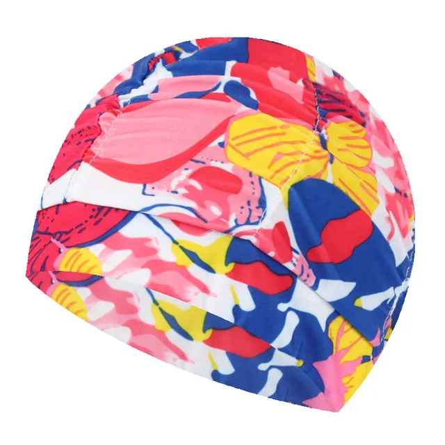 New Women Fabric Swimming Cap Protect Long Hair Ears Pleated Flowers
