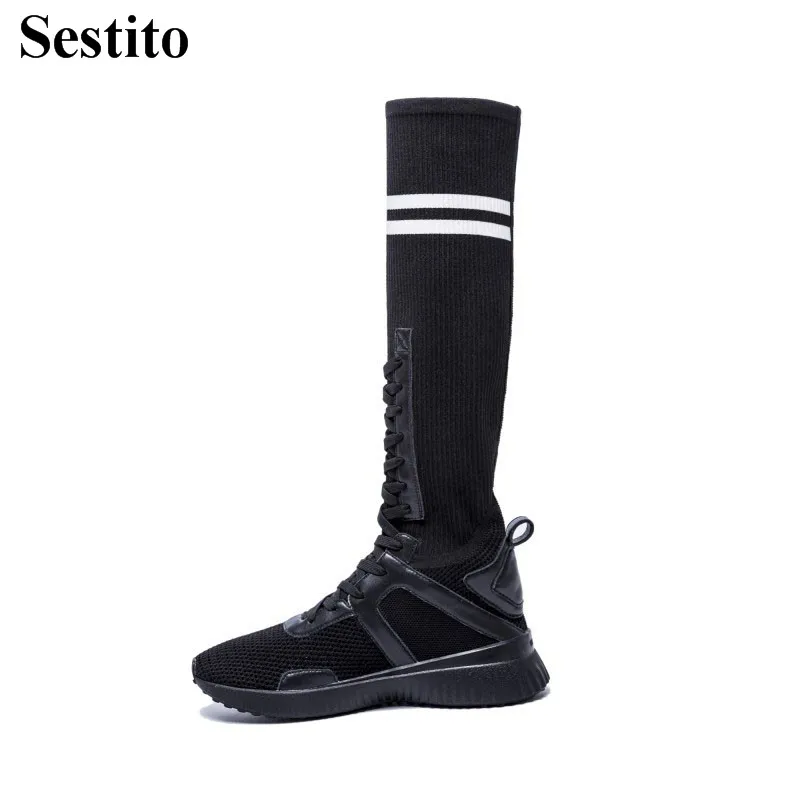 

Fashion Cross-tied Black Sport Round Toe Woman Boots Flat With Med Heel Knee-High Boots Women Lace-up Ladies Shoes Spring/Autumn