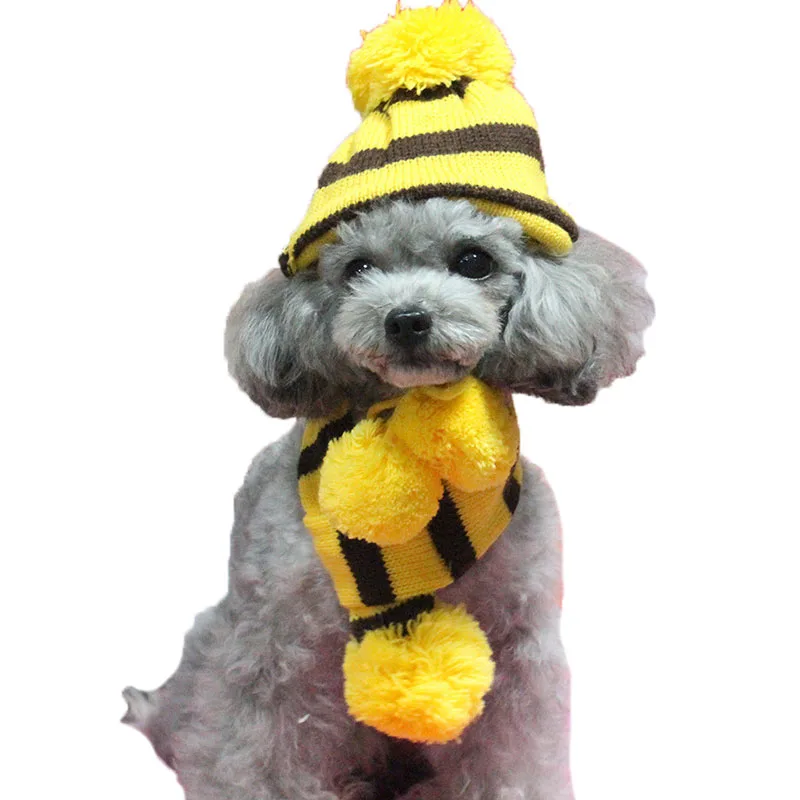 Sqinans 3pcs/set Winter Warm Dog Hat Knitted Scarf Socks Fashion Striped Pet Caps Puppy Neck Scarf Socks Christmas Pet Grooming - Цвет: Yellow