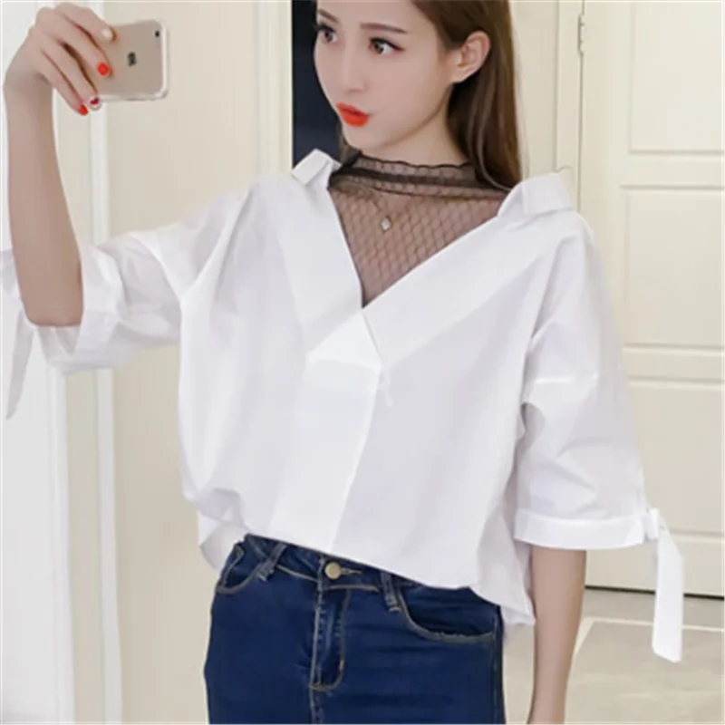 Women Shirts Lace Blouse Women Summer Mesh Patchwork Shirts for Woman Office Lace V-neck White Blouse Plus Size Woman Ladies Top Women Shirts Lace Blouse Women Summer Mesh Patchwork Shirts for Woman Office Lace V-neck White Blouse Plus Size Woman Ladies Top