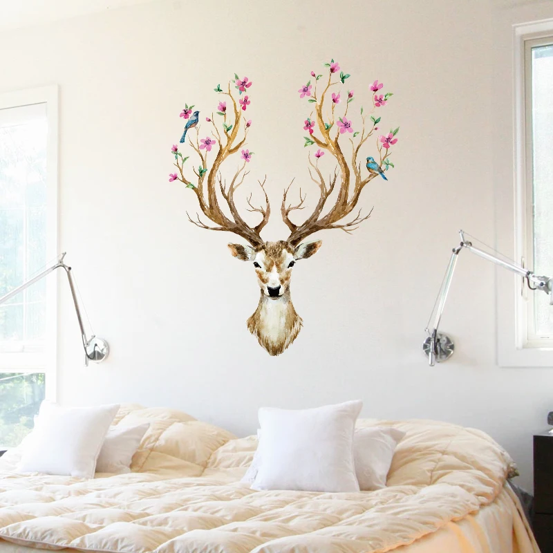 

Creative Sika Deer Head Flowers Wall Sticker For Living Room Decoration Diy Home Decal Mural Art Posters