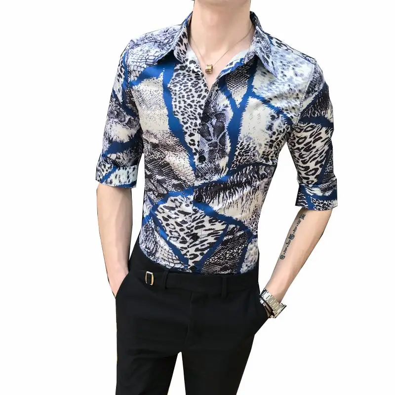 

Vintage Leopard Half sleeve Hawaiian Shirt Mens Clothing Unique design Stage costume Social Blouse Men Fashion Red blue