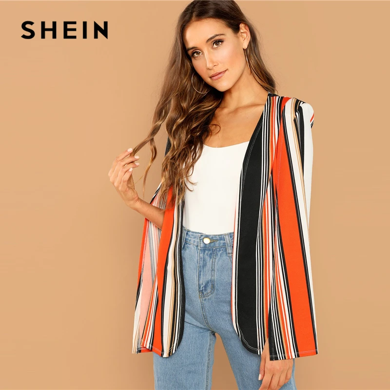 

SHEIN Weekend Casual Multicolor Open Front Striped Cape Cloak Sleeve Coat 2018 Streetwear Modern Lady Outerwear Coat New