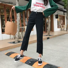 Джинсы женские прямые в Корейском стиле, Модная студенческая черная свободная универсальная молния, женские шикарные повседневные женские брюки высокого качества