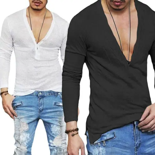 

2019 Fashion Men's Casual V-Neck Long Sleeve Shirts Slim Fit T-Shirt Tops Casual Tee