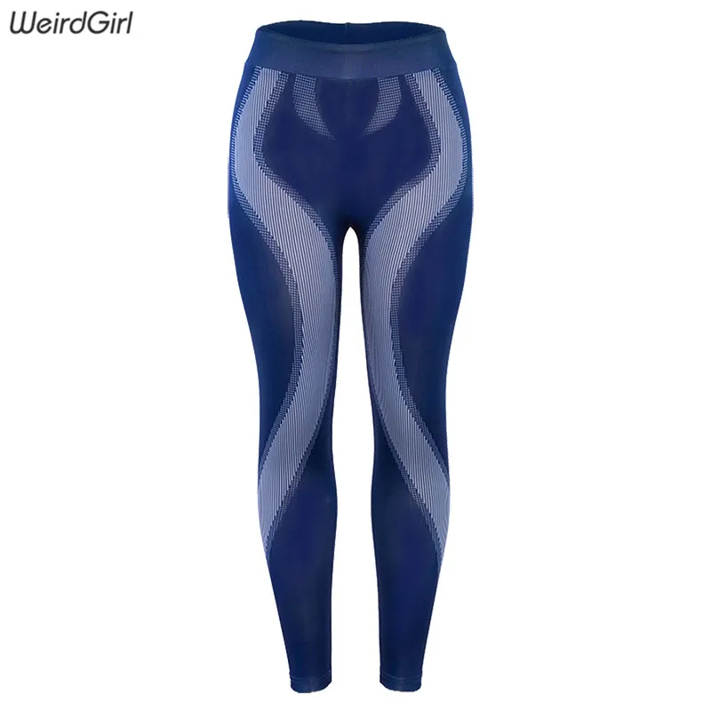 Weirdgirl женские леггинсы для фитнеса в полоску, с высокой талией женские брюки тонкие обтягивающие тонкие эластичные дышащие спортивные штаны - Цвет: Синий