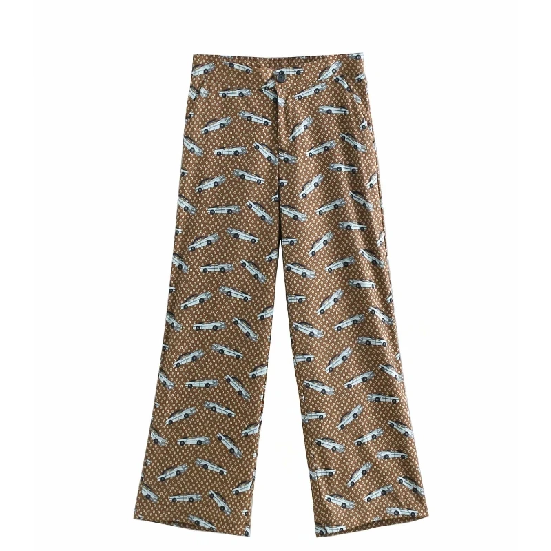 

2019 Women vintage cars and floral print casual straight pants retro long Trousers Leisure ladies chic zipper fly Pants P273