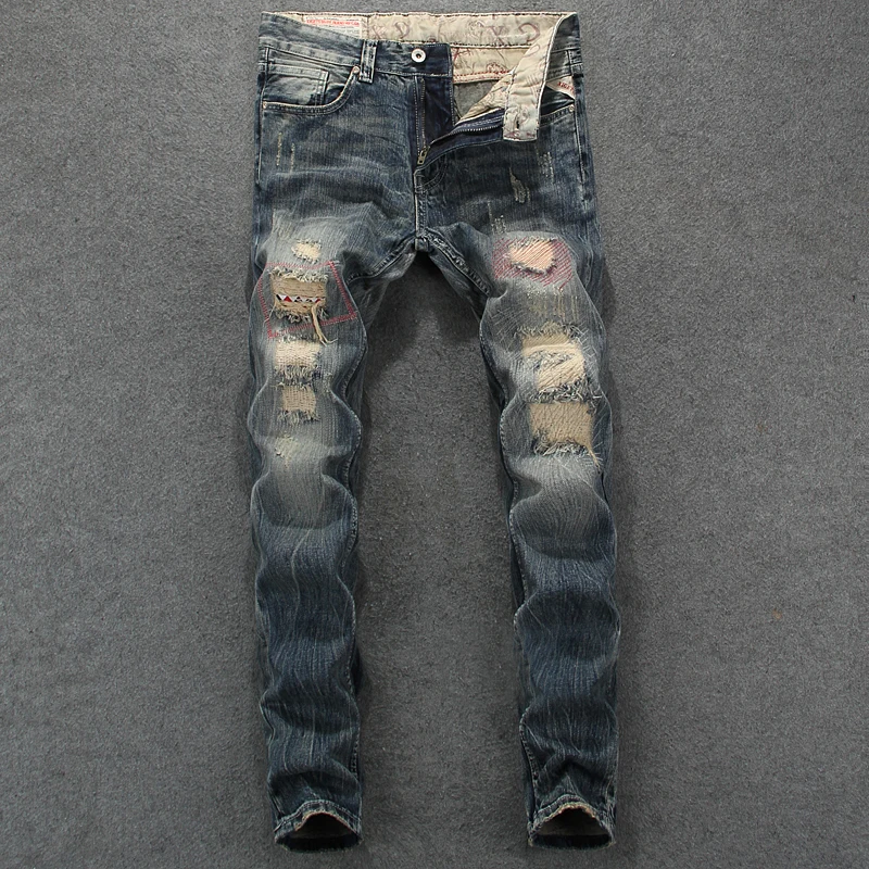 

Fashion Vintage Designer Men Jeans Retro Slim Fit Destroyed Ripped Jeans homme Patch Denim Pants Streetwear Hip Hop Jeans Men