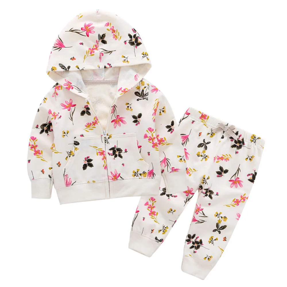 

2018 Autumn Baby Girl Clothes Floral Print Newborn Infant Hooded Zipper Sweatshirt Top Pant 2pcs Kids Outfit Suit Bebek Giyim