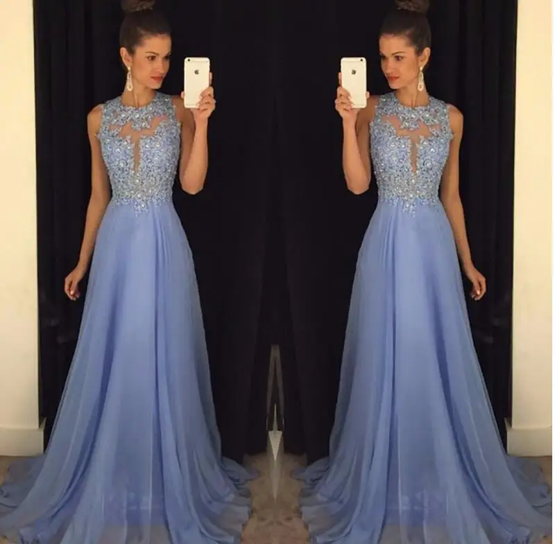 

2019 A line Blue Prom Dresses Lace and Chiffon Appliqued Maid of Honor Gowns Prom Party Gowns Free Shipping