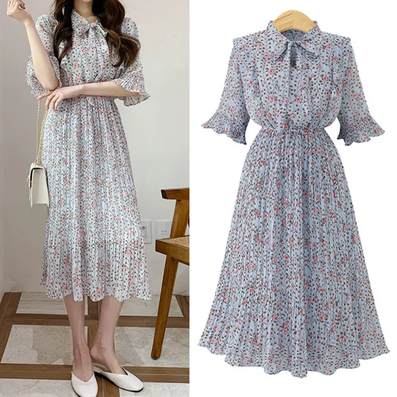 

New Summer Style Women Dress Plus Size Fashion Bow Collar Collect Waist Print Pleated Chiffon Dress For Women Larger One-Piece