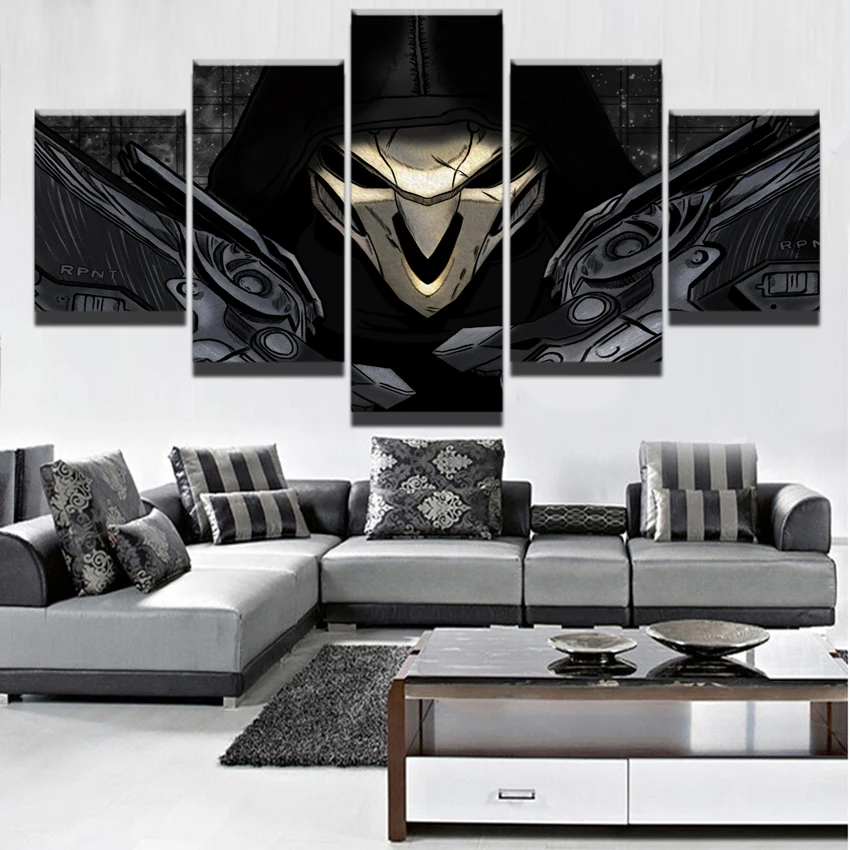 

Canvas Painting Framework Wall Art Modular Pictures For Living Room Decor 5 Piece Black Dark Overwatch Reaper Poster HD Printed