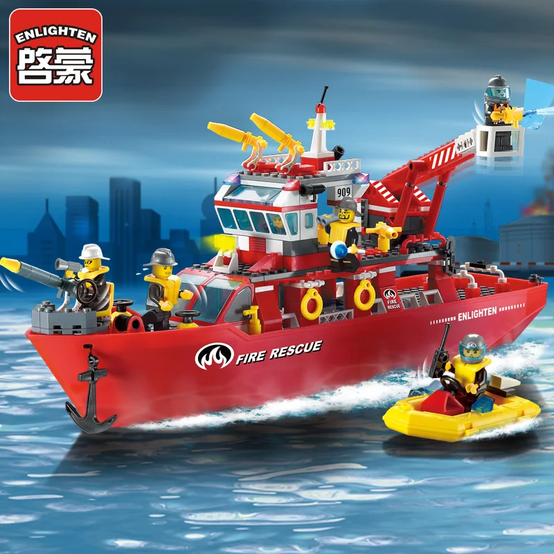 

ENLIGHTEN 361pcs Fire Rescue Multi-Function Boat Crane Fireman Assemble Model Building Blocks minifig Educational Kids Toy