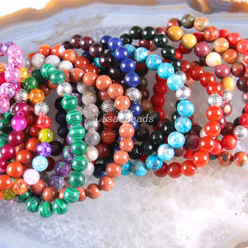 

For Women Girls Silver 8MM Natural Stone Onyx Lapis Carnelian Crystal Malachite Howlite Round Bead Stretch Bracelet 7.5" 1Pcs