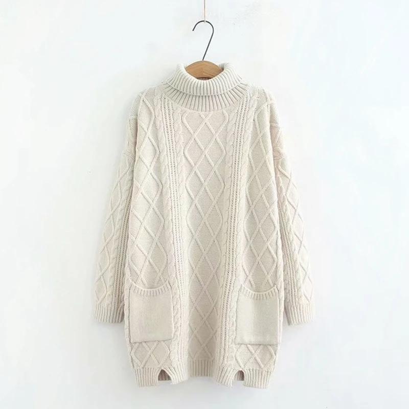 Thick Sweater for Autumn Winter Casual Women Plus Size Loose Long Sleeve Pockets Knitted Turtleneck Sweater Pullovers KKFY2909