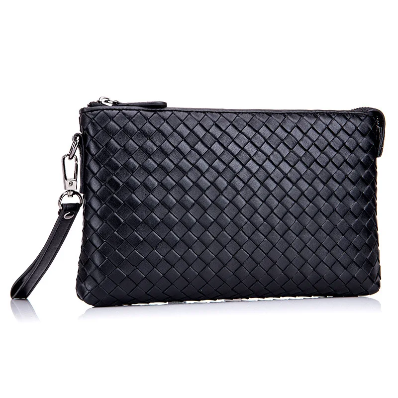 

Genuine Leather Fashion Men Knitting Clutch Wallets Black Sheepskin Vintage Man Zipper Clutch Male Envelopes Bag Messenge Bag 50