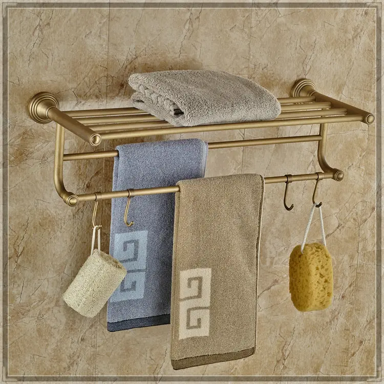 Antique Brass Wall Mount Clothes Shelf Holer Bathroom Towel Rack Bar with Hooks grifos | Обустройство дома