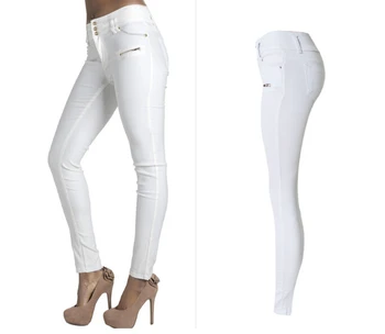 

Hot 2019 Europe and the United States high waist solid cowboy trousers 3 buckle decorated zipper denim white pants women