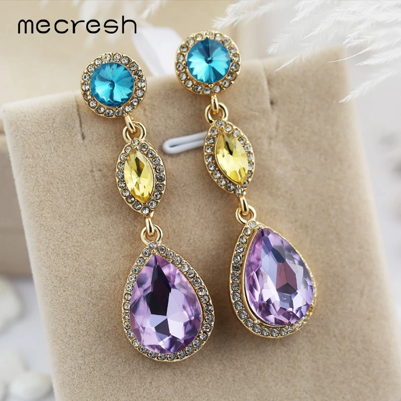 

Mecresh Multicolor Teardrop Crystal Long Drop Dangle Earrings 2019 Trendy Rhinestone Bohemian Statement Women Earrings MEH1568