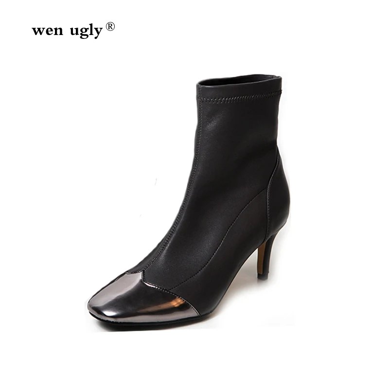 

wen ugly Sexy fine heel leather ankle boots ladies winter boots 2018 autumn new elastic fabric high heel boots size 35-39