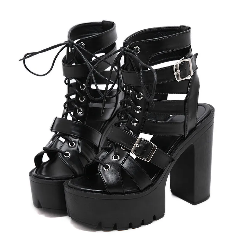 

Sexy Buckle Gladiator Sandals Women Soft Leather Ankle Strap Ladies Shoes Platform Heels Block Punk Shoes Summer 2019 New