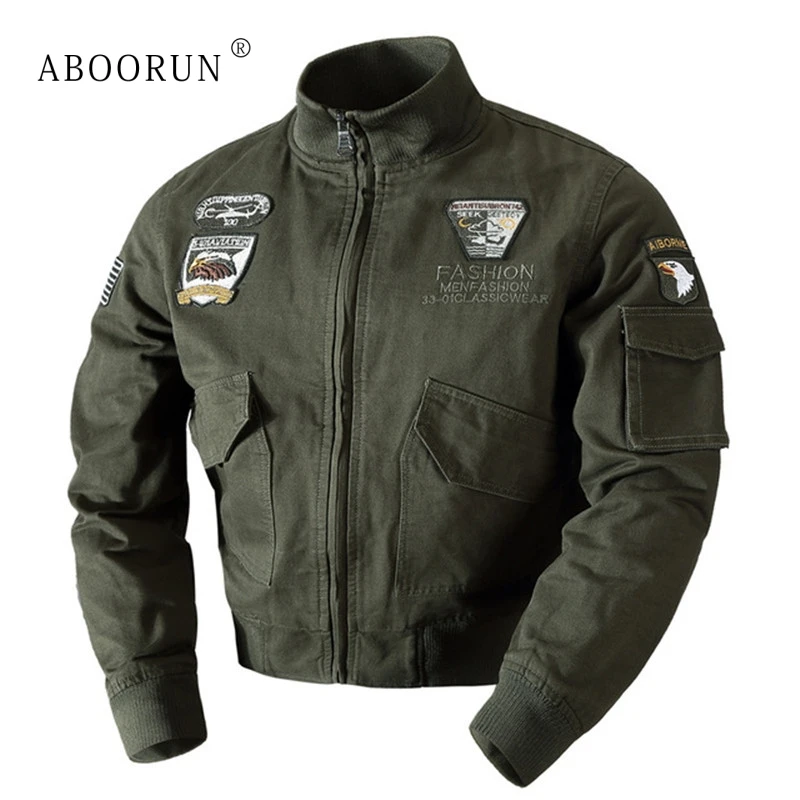 

ABOORUN Winter Mens Military Jacket Bomber Jackets US Flag Embroidery Men's Thick Warm Slim fit Coat P6044