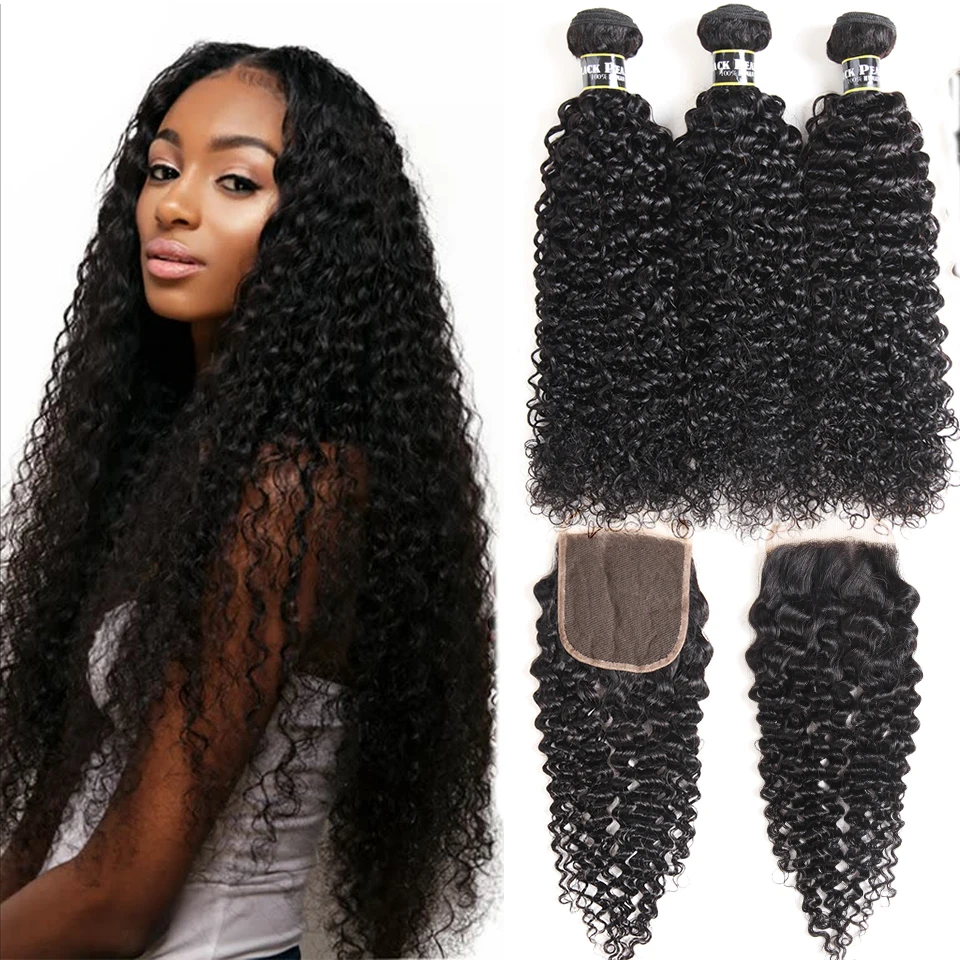 Black Pearl Pre-Colored Human Hair 3 Bundles With Closure Non Remy Brazilian kinky Curly Bundles With Closure 1B# Hair Extension