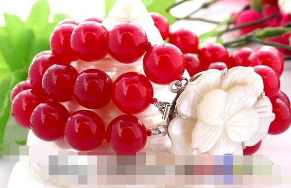 

FREE SHIPPING>>>@@ > 08747 3sturands round red jade bracelet shell flower clasp