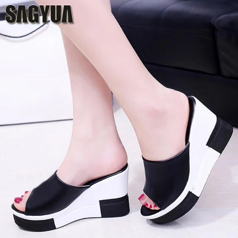 

SAGYUA Graceful Girlish Summer Women Casual Babouche Platform Pumps Peep Toe Slipper Beach Wedge Heel Slippers Slides Shoes T164
