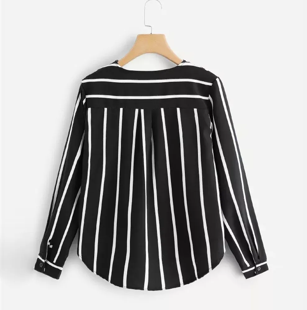 Womens Tops And Blouses Autumn Vintage Long Sleeve Shirt V Neck Irregular Stripe Shirt Blouse Ladies Tops Blusa f763