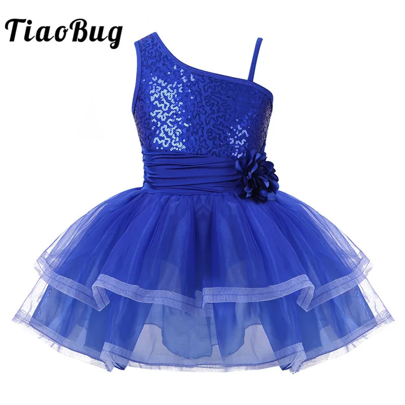

TiaoBug Girls One-Shoulder Shiny Sequins Flower Ballet Tutu Mesh Dress Stage Dance Costumes Ballet Gymnastics Leotard Dance Wear