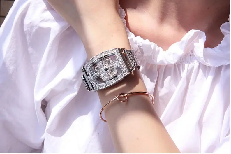 Новые подлинные женские часы с вращающимся бриллиантом модные водонепроницаемые прозрачные часы