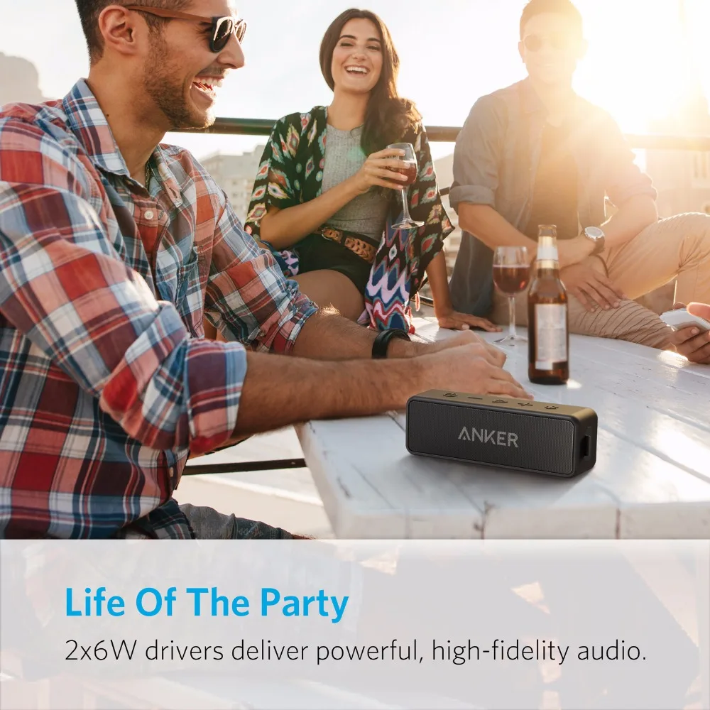 Anker SoundCore 2 Portable Bluetooth Wireless Speaker Better Bass 24-Hour Playtime 66ft Bluetooth Range IPX7 Water Resistance