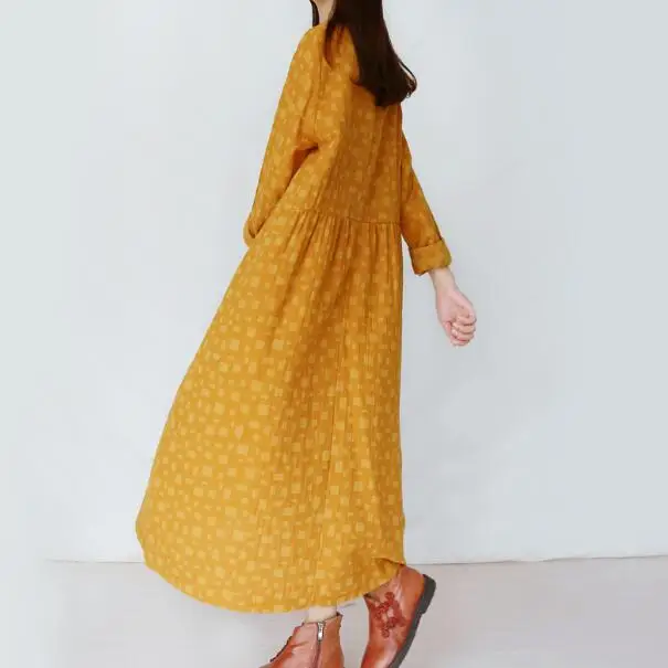 Жаккардовое однотонное платье с длинными рукавами из хлопка и льна|linen dress|cotton linen
