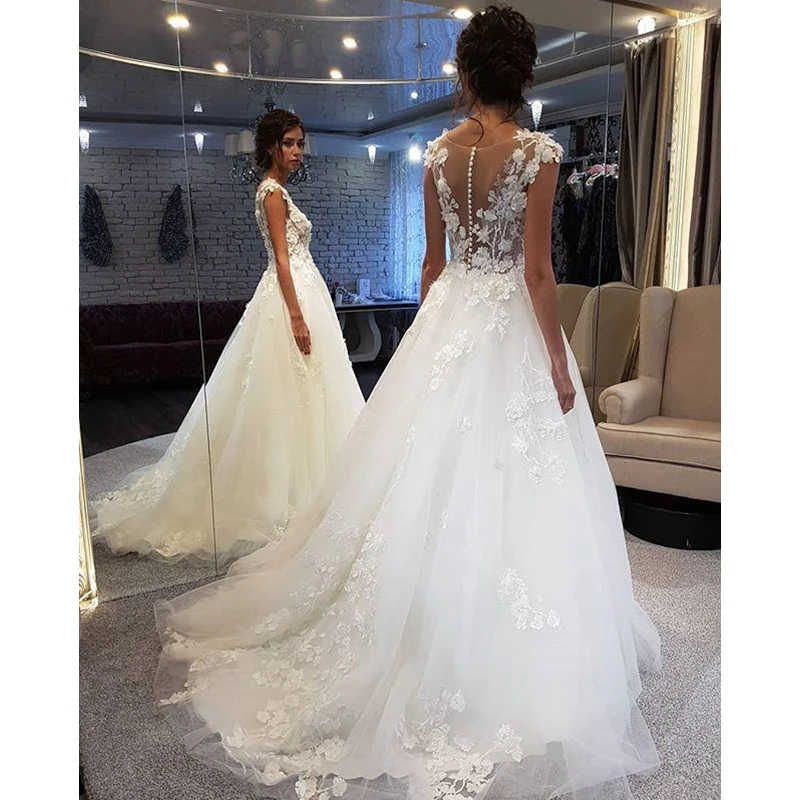 Wedding Dresses White Lace Applique A Line Sleeveless Illusion Sweep ...