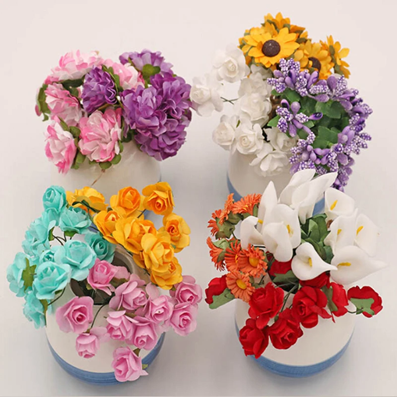 

Handmade Artificial Bouquet Flowers For Doll House Fake Purple Lavender Carnation Rose Sunflower Calla lily Doll Decor