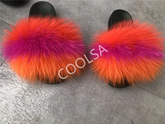 Women's Summer Fur Slippers Indoor Warm Fluffy Plush Home Shoes Woman Real Fox Hair Fur Slides Furry Sandals Female Flip Flops - Color: As shown