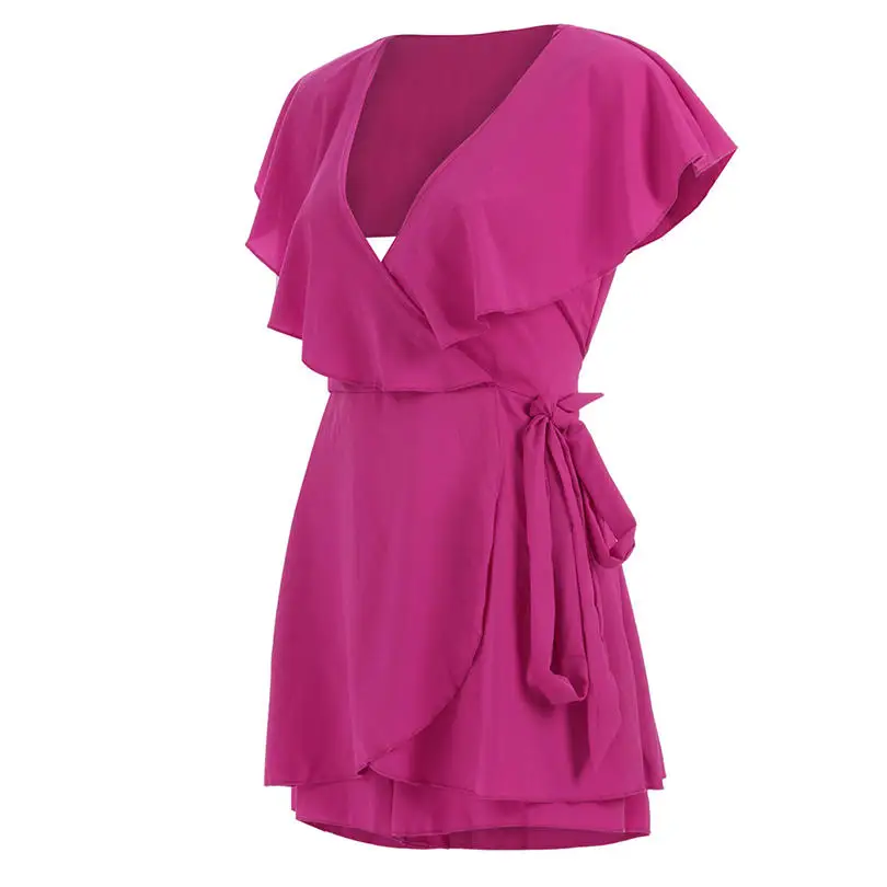Plus Size New Women Summer Fashion Casual Daily Sexy Halter V-neck Lady Elegant Ruffled Lace Slim Jumpsuit #4A19  (4)