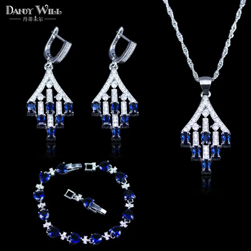 

Russian Style Blue Cubic Zirconia White CZ 925 Stamp Silver Color Jewelry Sets For Women Earrings/Pendant/Necklace/Bracelet