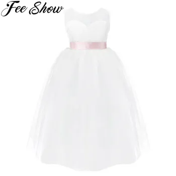 

FEESHOW Flower Girl Lace Dresses Kids Sleeveless Heart Back First Communion Dresses Baptism Wedding Bridesmaid Party Dress