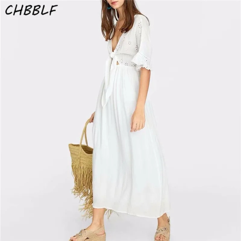 

CHBBLF women elegant white V neck dress bow tie decorate emboidery hollow out short flare sleeve midi dresses vestidos A9415