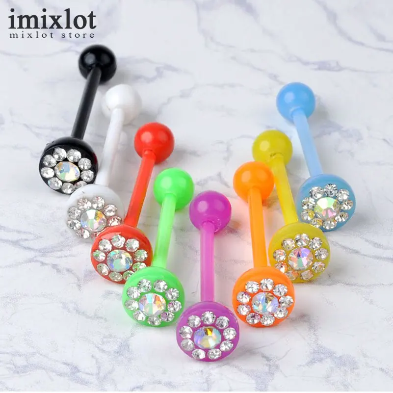 Imixlot 20pcs/lot Crystal Flower Tongue Piercing Barbell Bars Piercing